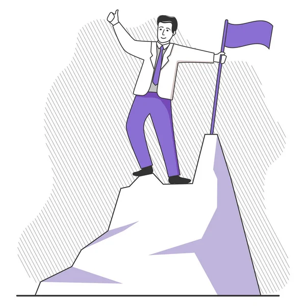 Достижение успеха. Счастливый бизнесмен с флагом на вершине горы. — стоковый вектор