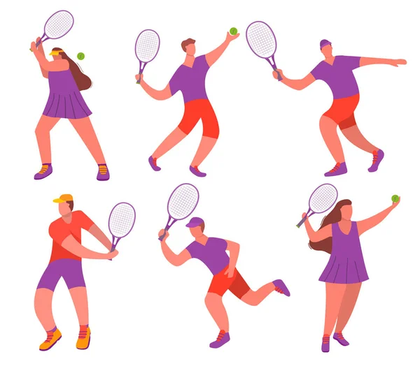 Jeune fille et homme joueur de tennis avec raquette un jeu de sport. — Image vectorielle