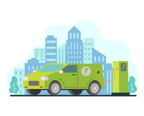 Estação de carregamento de carro Eco. Reabastecimento eléctrico. Energia verde. — Vetor de Stock