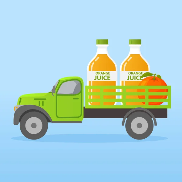 Livsmedelsleverans lastbil. Flaska med apelsinjuice. Retrobil. — Stock vektor