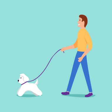 Tasmalı bir köpeği gezdiren genç bir adam..