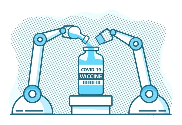 Drug manufacturing bottling.Covid-19 vaccine industrial line production. Royalty Free Stock Vectors