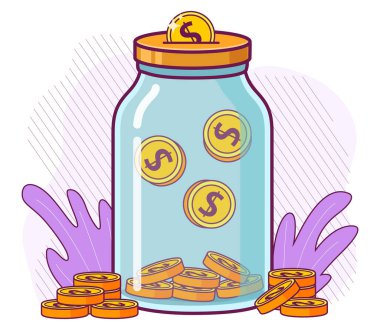 Cam kavanozda para biriktir. Altın paralar para kutusuna düşer..