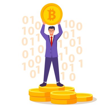 Başarılı bir zengin işadamı bir yığın altın paranın üzerinde duruyor..