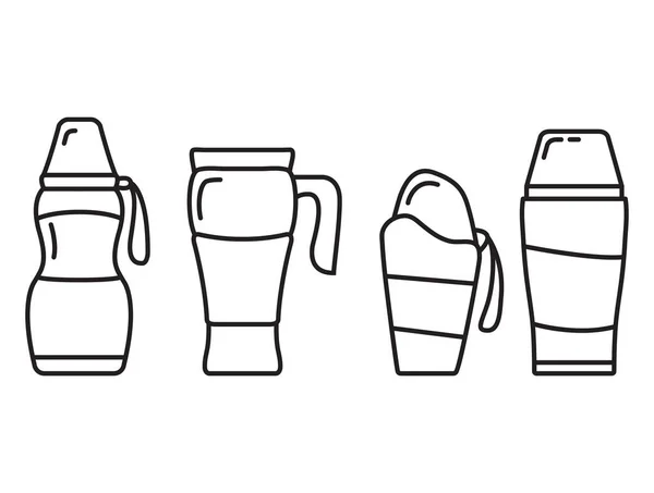 Ein Satz Thermos.Thermos Getränkebehälter.Fläschchen oder Flasche mit Heißgetränk. — Stockvektor