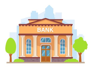 Sütunlu bir banka binası. Düz stil vektör çizimi. Hükümet binası. Finansal ev. Bina cephesi..