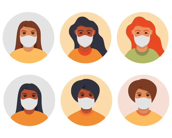 Woman brunette,redhead and brown-haired in face mask to prevent disease, flu, air pollution. — Vetor de Stock