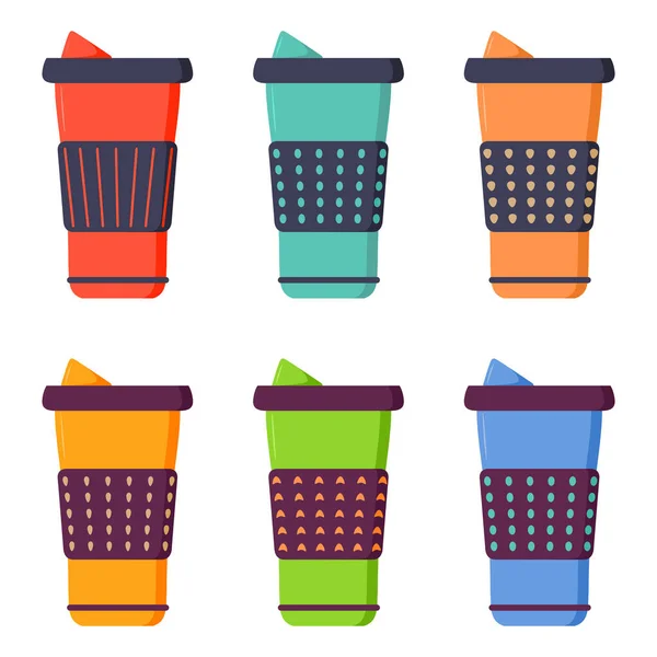 A set of thermoses. Thermo mug.Thermos drink container. Stock Illustration