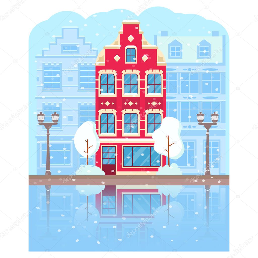 Winter time view of the city of Amsterdam traditional building.