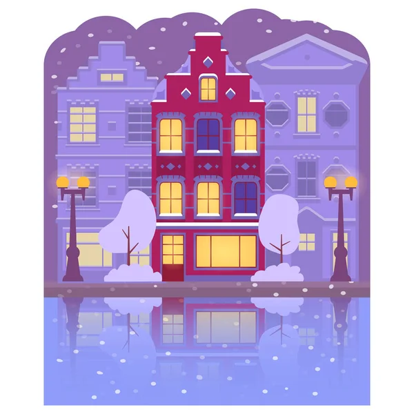 Night winter time Amsterdam house.The buildings are reflected in the river. — Stock Vector