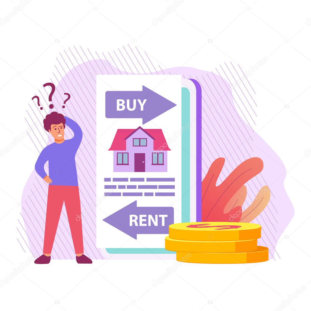 The choice of renting an apartment or buying a house.Vector flat illustration.