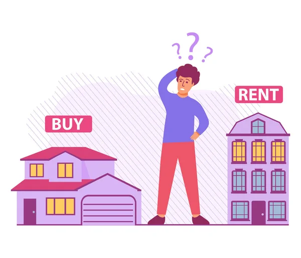 A escolha de alugar um apartamento ou comprar uma casa. Ilustração plana vetorial. — Vetor de Stock