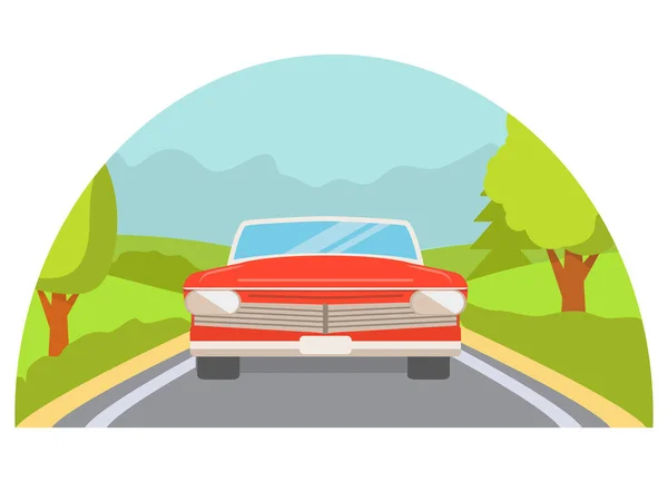 Vista frontal del coche rojo retro. Ilustración plana vectorial. Vector De Stock