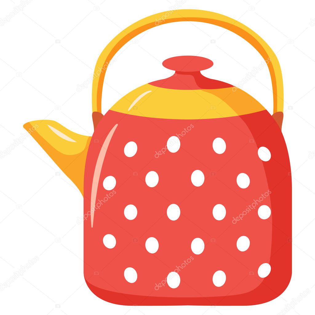 Red teapot ornament white polka dots.Kettle with a handle.