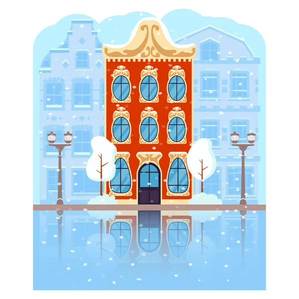 Zima Amsterdam.Street z fasadami domów. — Wektor stockowy