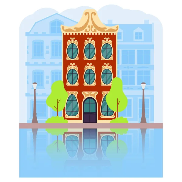 Summer city building Amsterdam street. Silhouette of houses — Stock Vector