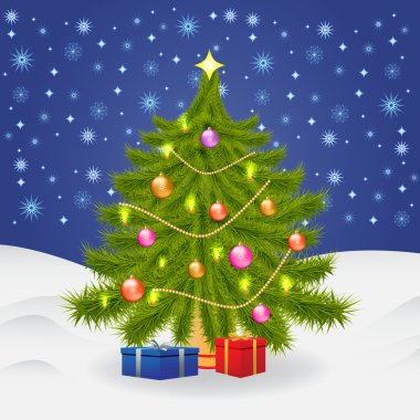 Mavi arka planda kar taneleri olan Noel ağacı.