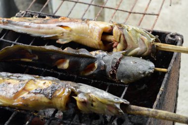 Yakından yayın balığı mangal kömürüyle kızartılır.