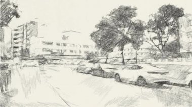 şehir manzarası arkaplanının siyah beyaz çizimi