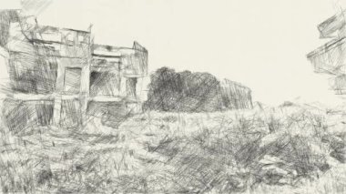 Terk edilmiş binanın siyah beyaz çizimi