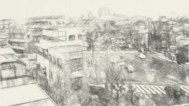 şehir manzarası arkaplanının siyah beyaz çizimi