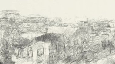 şehir manzarası arkaplanının siyah beyaz çizimi