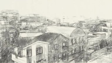 Japon şehrinin siyah ve beyaz çizimleri