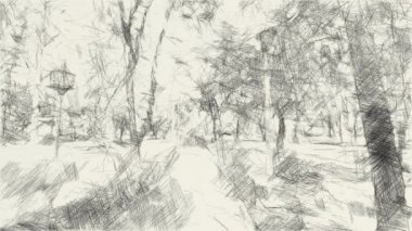 Sanat, doğa bahçesinin siyah beyaz resmini çiziyor.