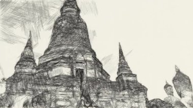 Sanat eski tapınağın siyah beyaz resmini çiziyor.