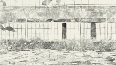 Sanat, Tayland 'da terk edilmiş bir binanın siyah beyaz resmini çiziyor.