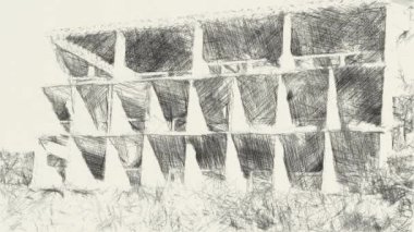 Terk edilmiş binanın siyah beyaz çizimi