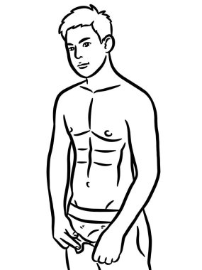 Siyah beyaz çizgi film, resim yapmak için yakışıklı bir adam.