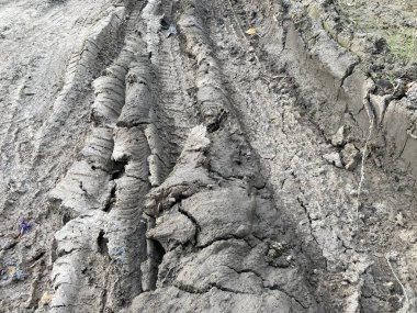 Yerde kuru teker izi var.