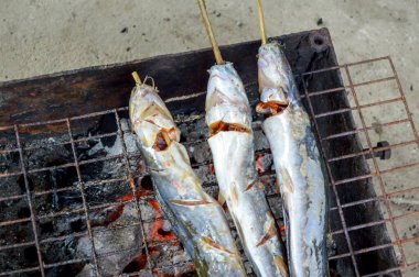 Yakından yayın balığı mangal kömürüyle kızartılır.