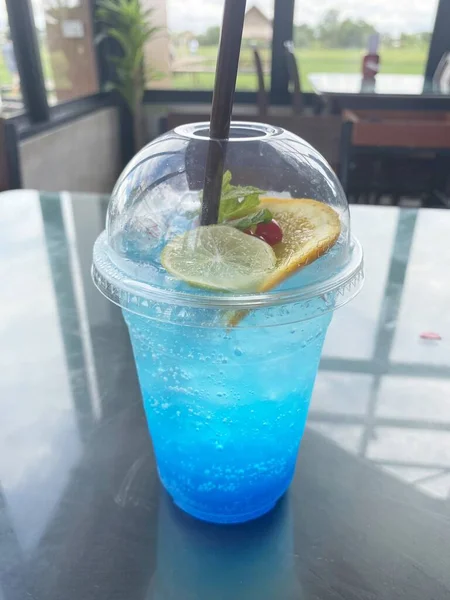 Close Blue Soda Drink Table — Stock Fotó