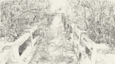 Sanat ormanda siyah beyaz çiziyor.