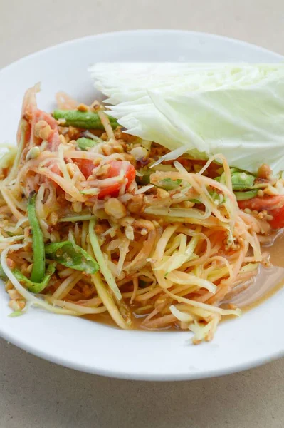 Spicy Papaya Salad Wood Floor Thailand Healthy Food — Stock Photo, Image