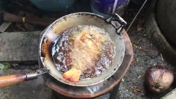 Close Fried Tilapia Fish Old Steel Pan Hot Oil — Stok Video