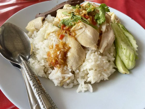 Arroz Cozido Vapor Com Comida Frango — Fotografia de Stock