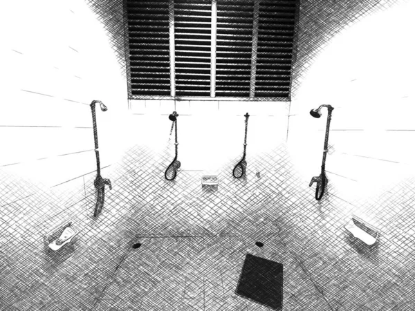 Черно Белый Рисунок Туалетной Комнаты — стоковое фото