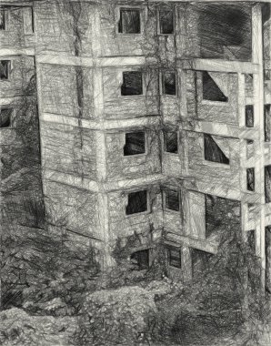 Terk edilmiş bina arkaplanının siyah beyaz çizimi