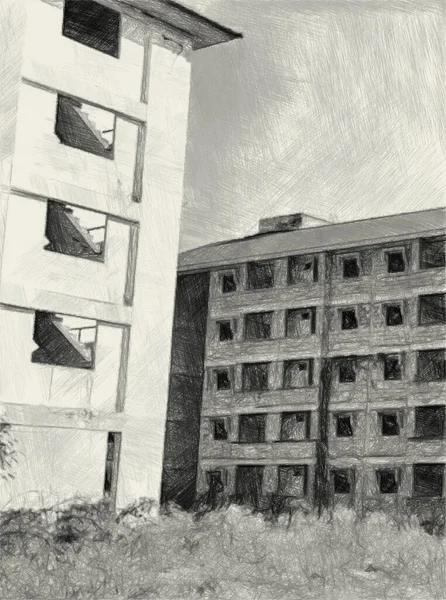 Черно Белый Рисунок Фоне Заброшенного Здания — стоковое фото