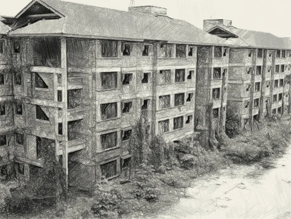 Dibujo Arte Blanco Negro Del Fondo Del Edificio Abandonado —  Fotos de Stock