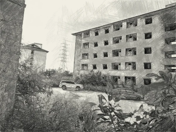 Art Drawing Black White Abandoned Building Background — Stock Photo, Image