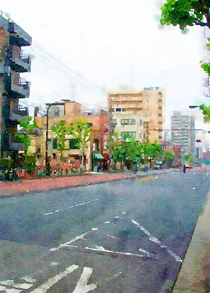 Aquarela Arte Paisagem Urbana Japão — Fotografia de Stock