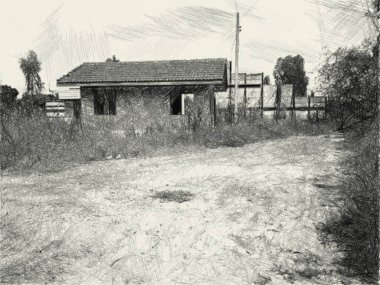 Terk edilmiş köyün siyah beyaz resimleri.