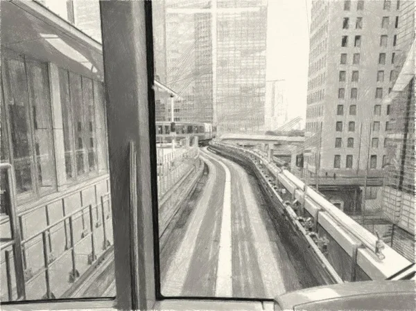 Şehir Arka Planında Sanat Çizim Demiryolu — Stok fotoğraf