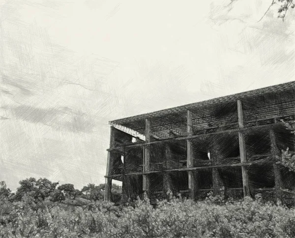 废弃建筑的黑白艺术绘画 — 图库照片