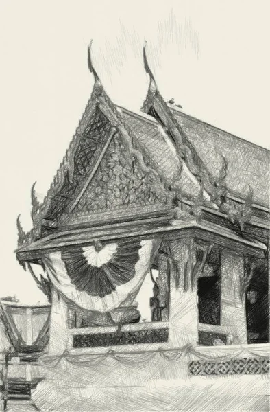 Art Drawing Black Whtie Old Temple Thailand — Fotografia de Stock