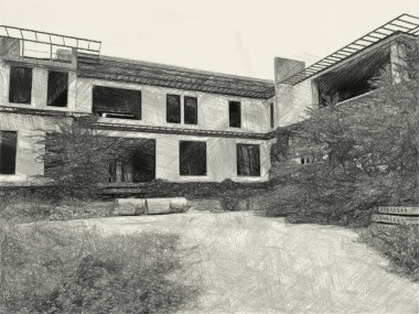 Terk edilmiş bina arkaplanının siyah beyaz çizimi